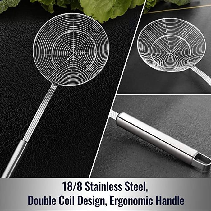 Solid Stainless Steel Spider Strainer Skimmer Ladle for Cooking and Frying, Kitchen Utensils Wire Strainer Pasta Strainer Spoon