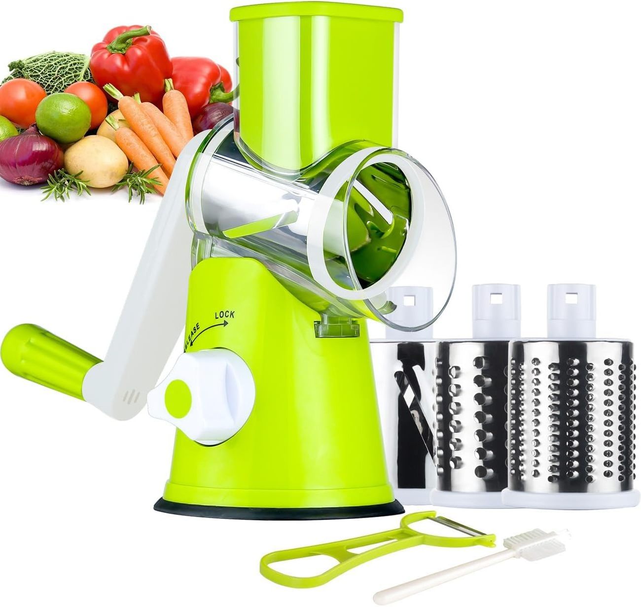 Manual Cheese Rotary Grater - Round Mandoline Slicer Shredder with 3 Inner Adjustable Blades