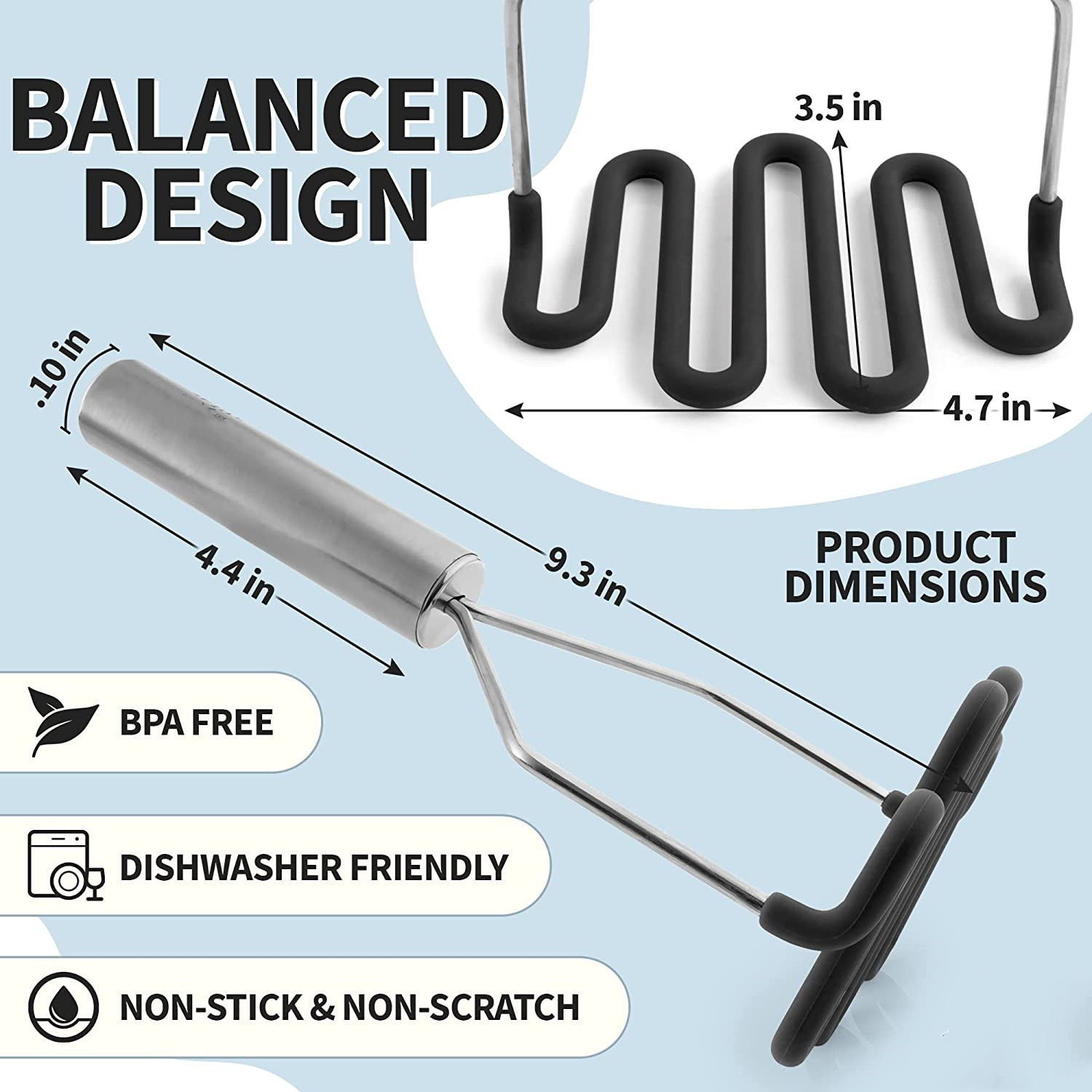 Kitchen Non-Scratch Potato Masher Kitchen Tool - Durable Stainless Steel Wrapped In Premium Silicone Mashed Potatoes Masher