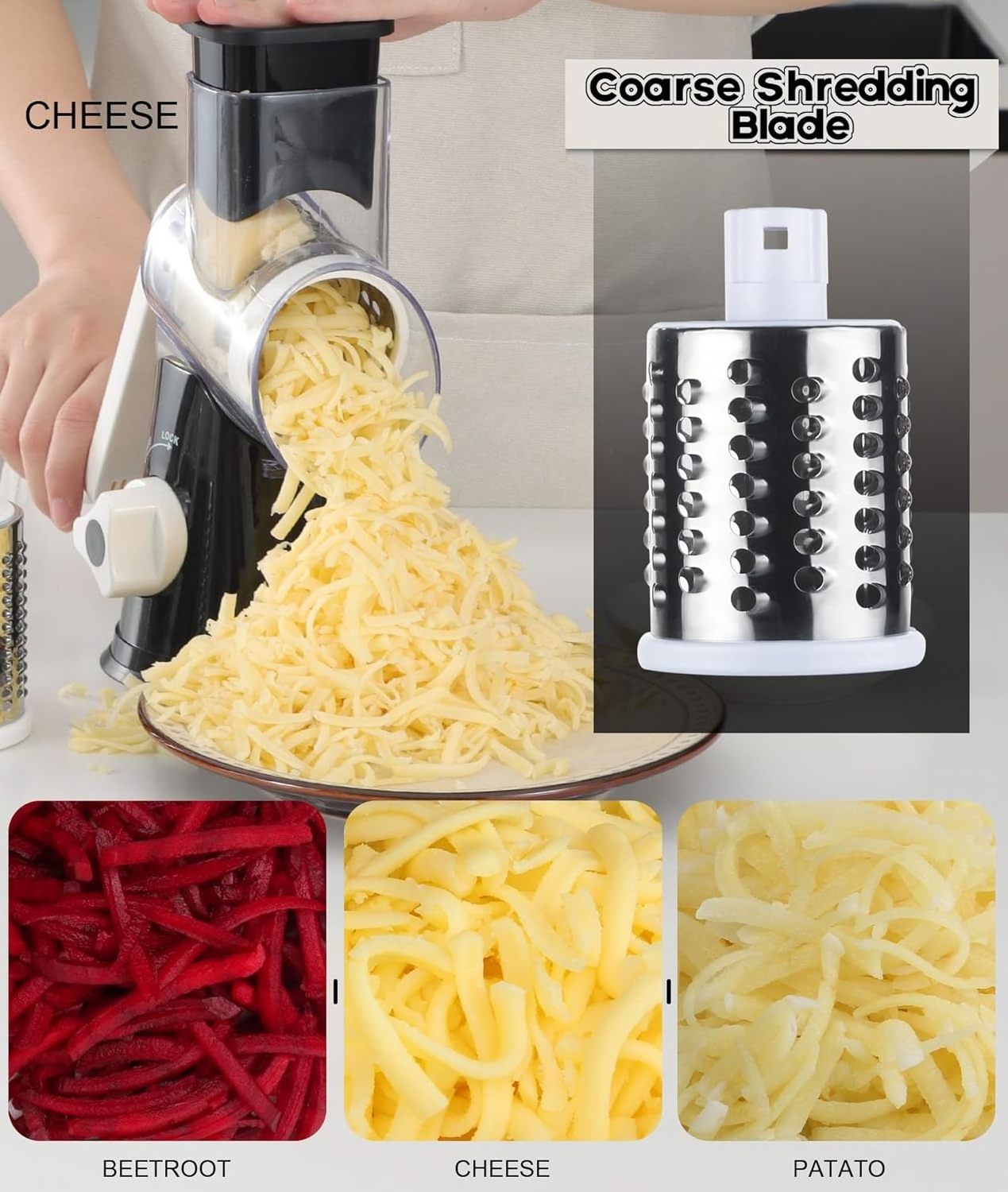 Rotary Cheese Grater Shredder, Round Mandolin Slicer with Handle and 3 Drum Blades, Kitchen Manual Vegetable Slicer