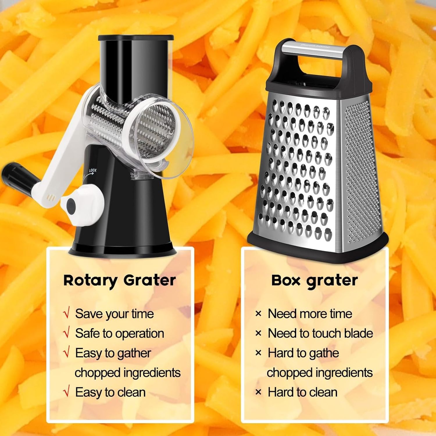 Rotary Cheese Grater Shredder, Round Mandolin Slicer with Handle and 3 Drum Blades, Kitchen Manual Vegetable Slicer