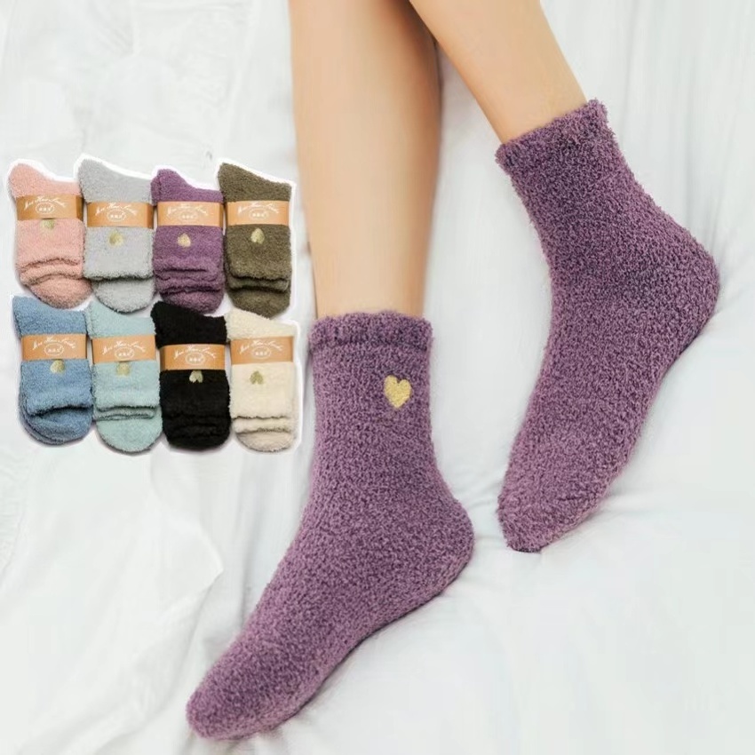 Hot Sale Winter Thick Warm Thermal Fancy Embroidered Love Heart Coral Fleece Microfiber Velvet Fluffy Fuzzy Women Socks