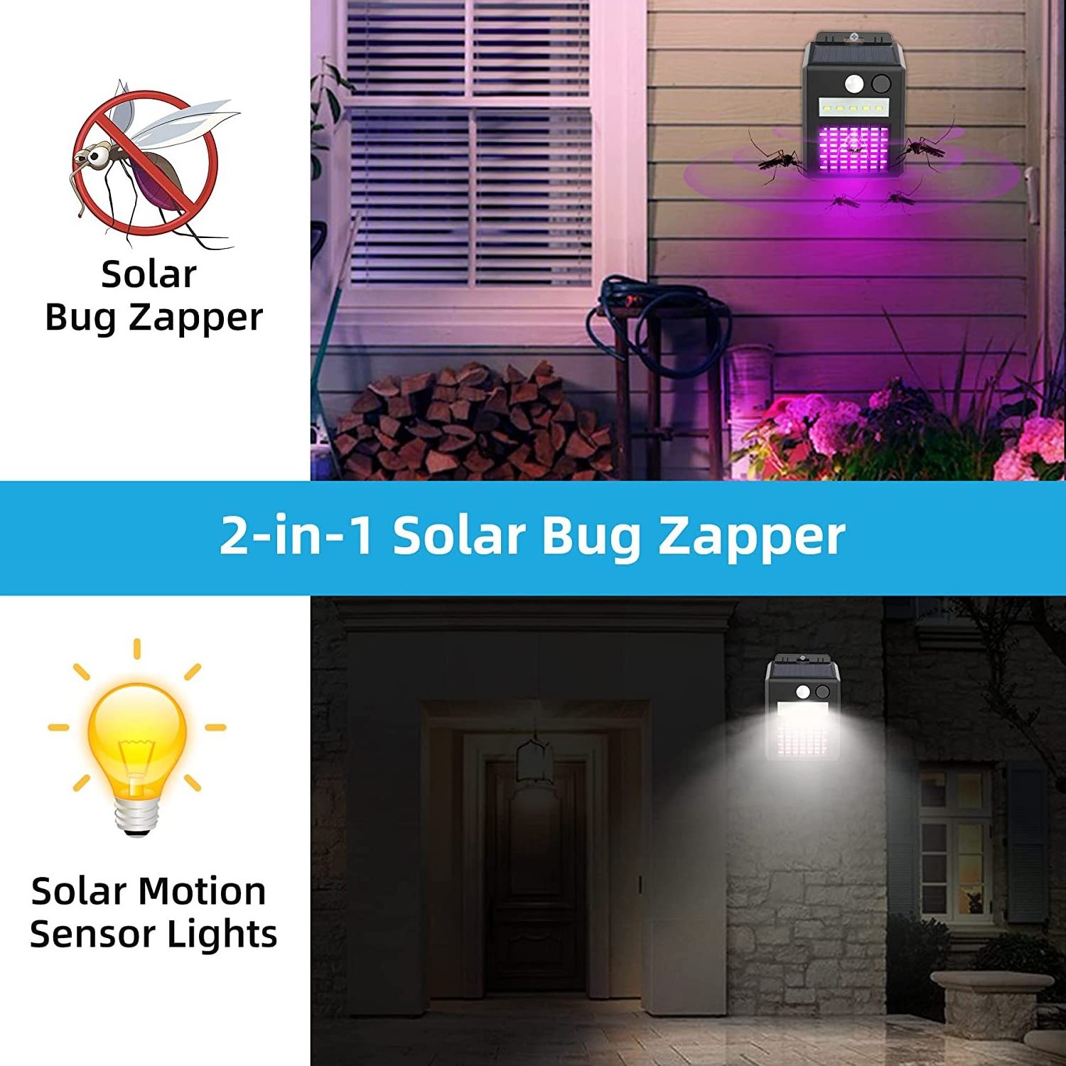 2-in-1 Bug Zapper Lamp Outdoor Solar Powered Mosquito Zapper with UV Light Electric Insect Fly Trap with LED lights