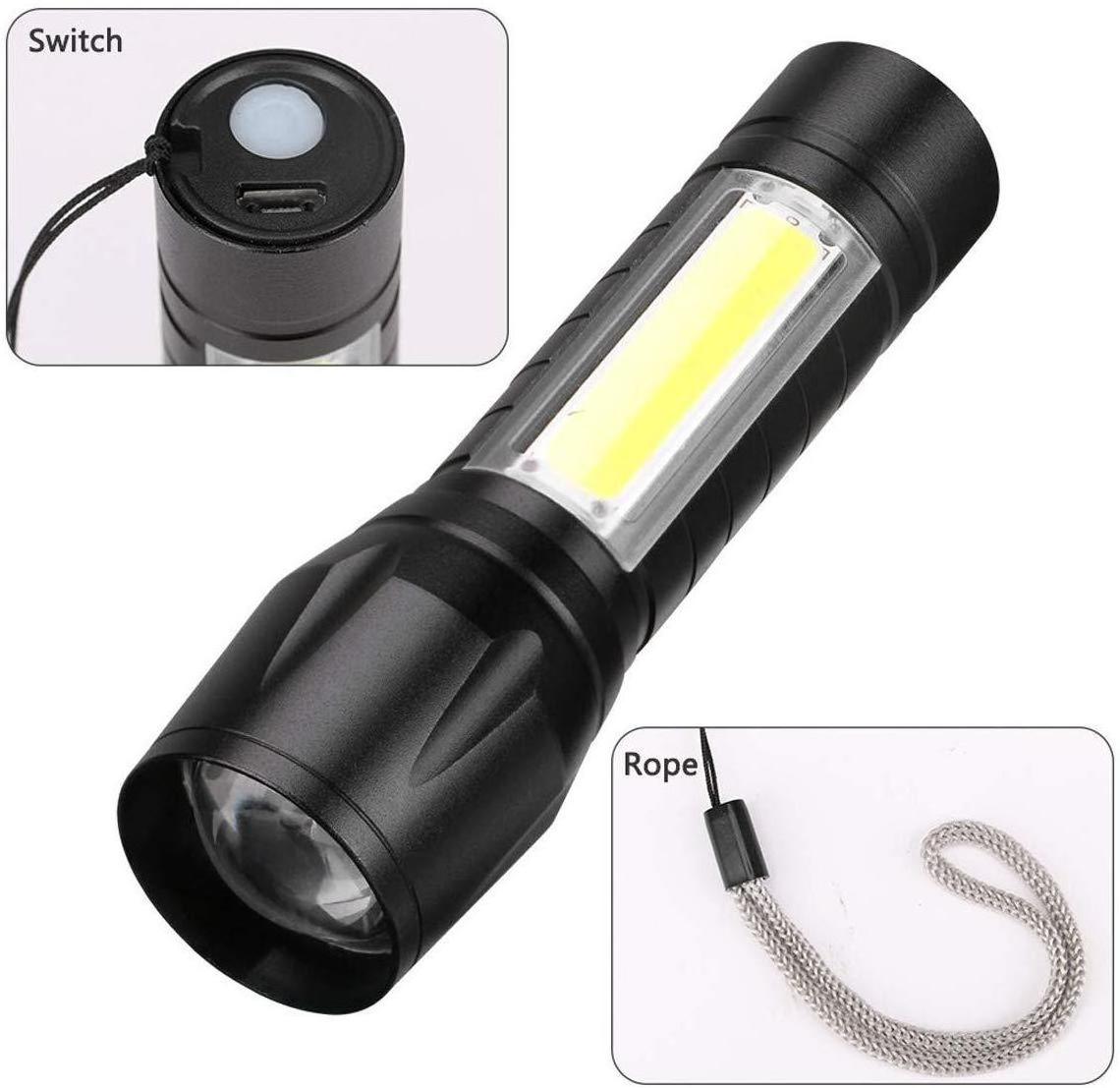 LED  Bright Flashlight Rechargeable with COB Side Searchlight USB Torch Mini Small Handheld Portable Lamp for camping