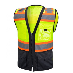 Class 2 Hi Vis black/lime two tones Premium surveyor safety reflective vest with pocket