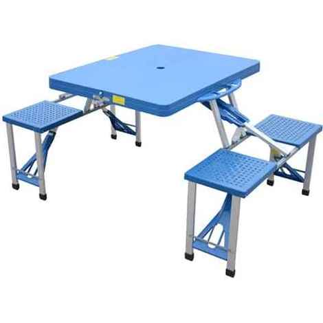 Folding Camping Table Folding Picnic Table with Umbrella Hole and Handle, Portable Siamese Table with 4 Seats Set, Plastic