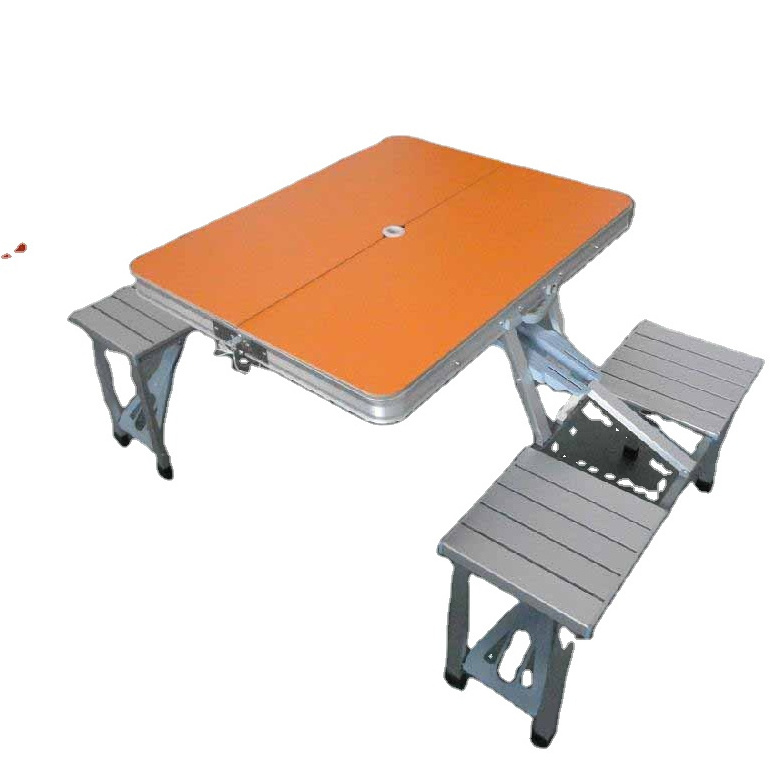 Folding Camping Table Folding Picnic Table with Umbrella Hole and Handle, Portable Siamese Table with 4 Seats Set, Plastic