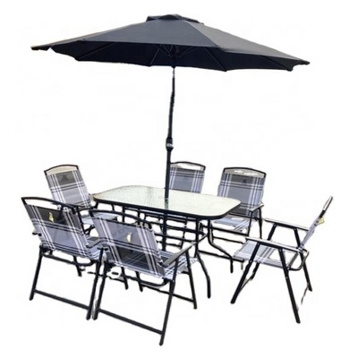 Garden Furniture 8 Piece Black Patio Garden Set with Umbrella Table and Set of 6 Folding Chairs