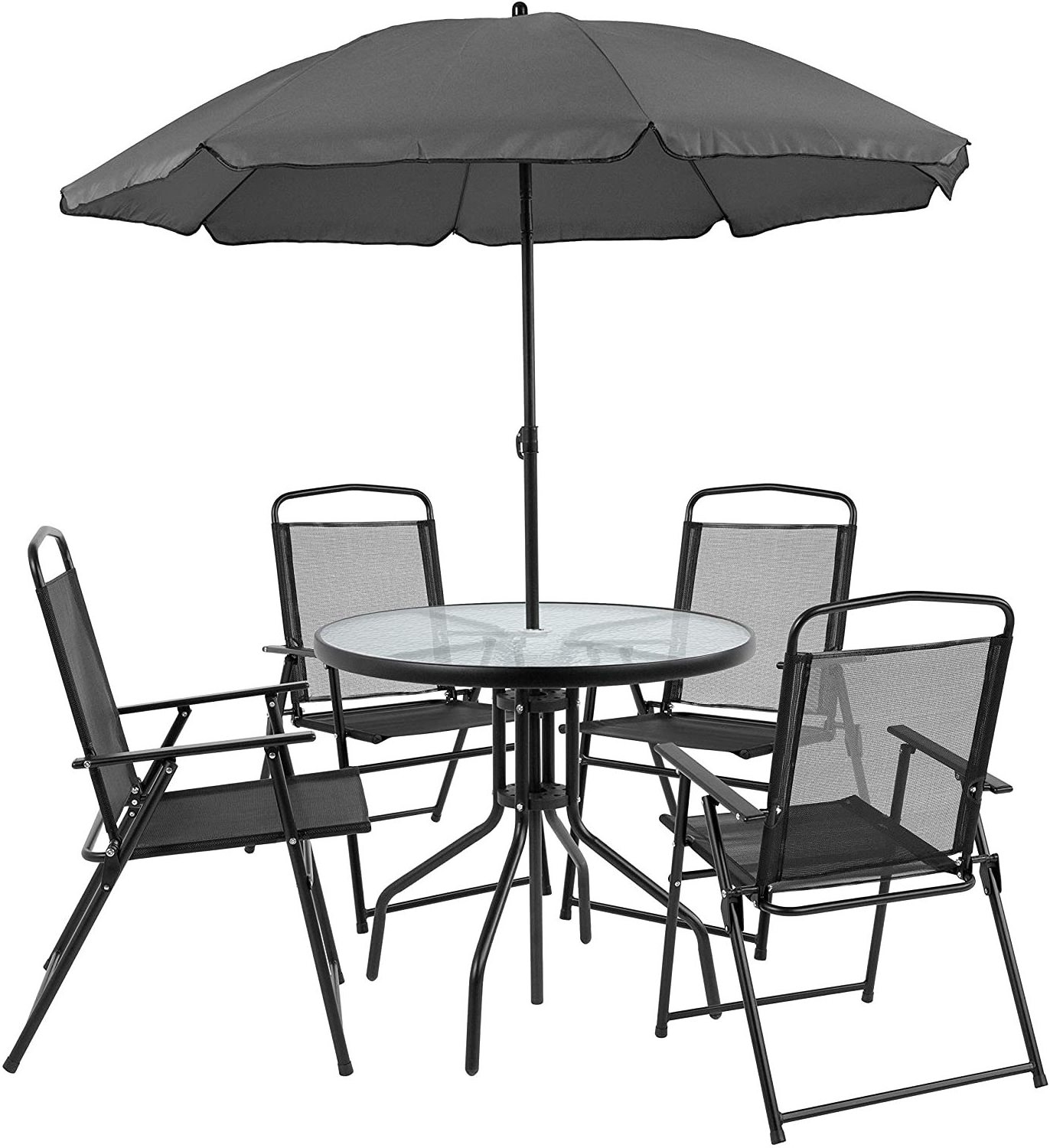 Garden Furniture 8 Piece Black Patio Garden Set with Umbrella Table and Set of 6 Folding Chairs