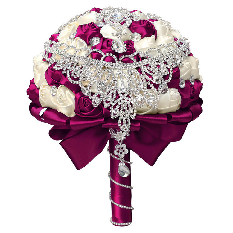 Handmade Wedding Artificial Silk Rose Rhinestone Crystal Bridesmaid Ribbon Bridal Holders Flower Bouquets