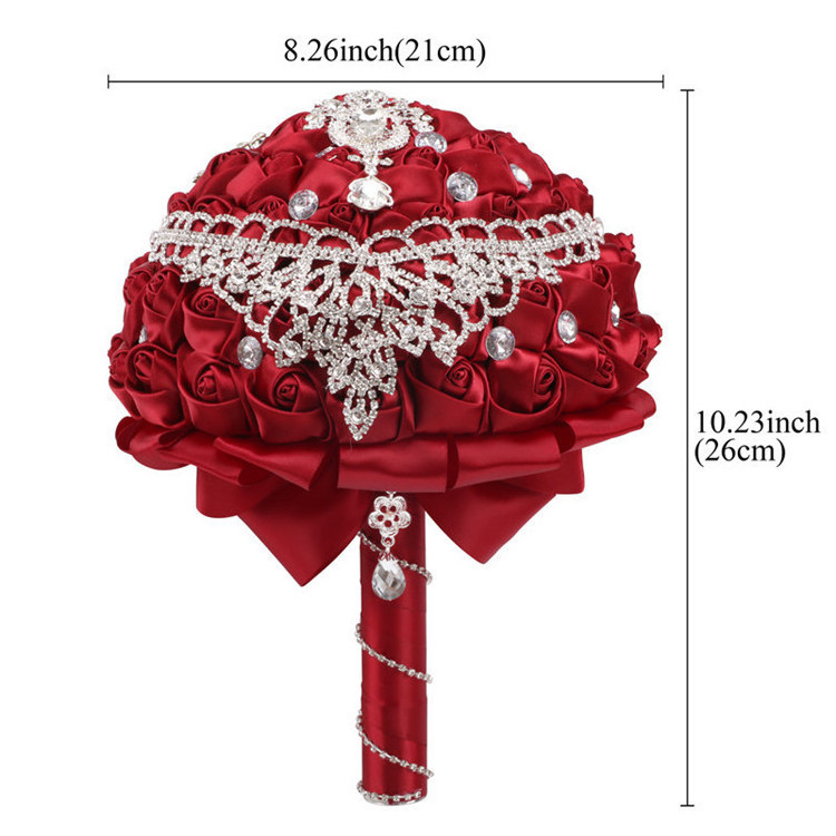 Handmade Wedding Artificial Silk Rose Rhinestone Crystal Bridesmaid Ribbon Bridal Holders Flower Bouquets