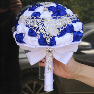 Handmade Wedding Artificial Silk Rose Rhinestone Crystal Bridesmaid Ribbon Bridal Holders Flower Bouquets