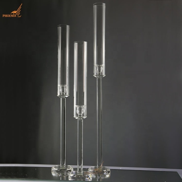 Hot sale clear wedding centerpiece crystal glass tube taper candle holders for decorations