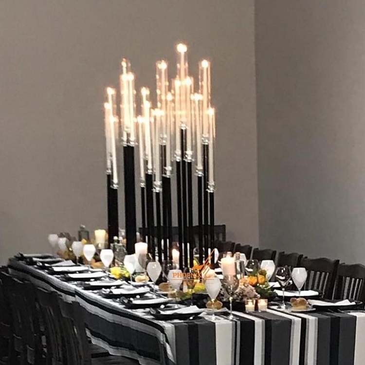 New trend black tall long-stemmed glass table candlestick wedding centerpiece crystal tube candelabra for sale