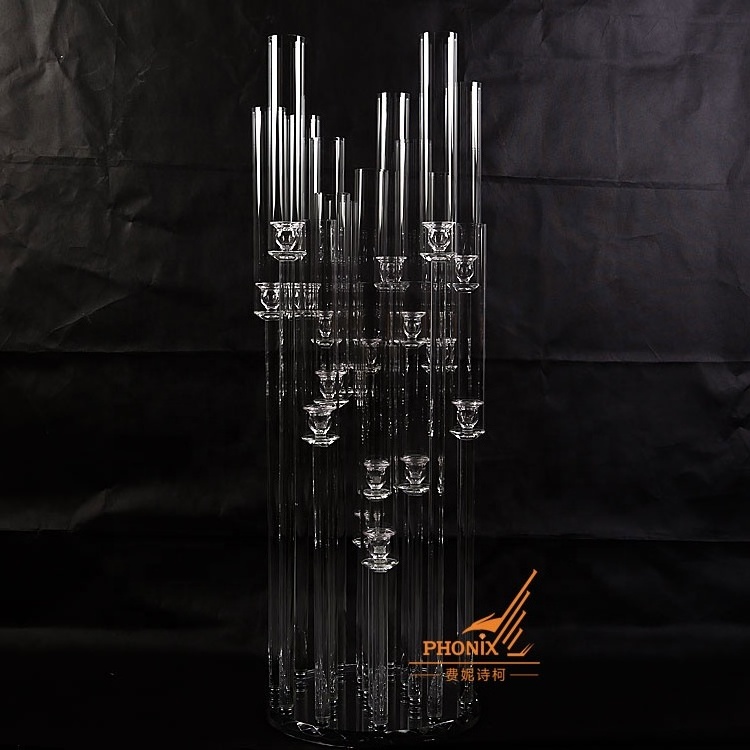 Wholesale round mirror base 18 arms crystal candelabra wedding centerpieces long-stemmed glass candle holder for decoration