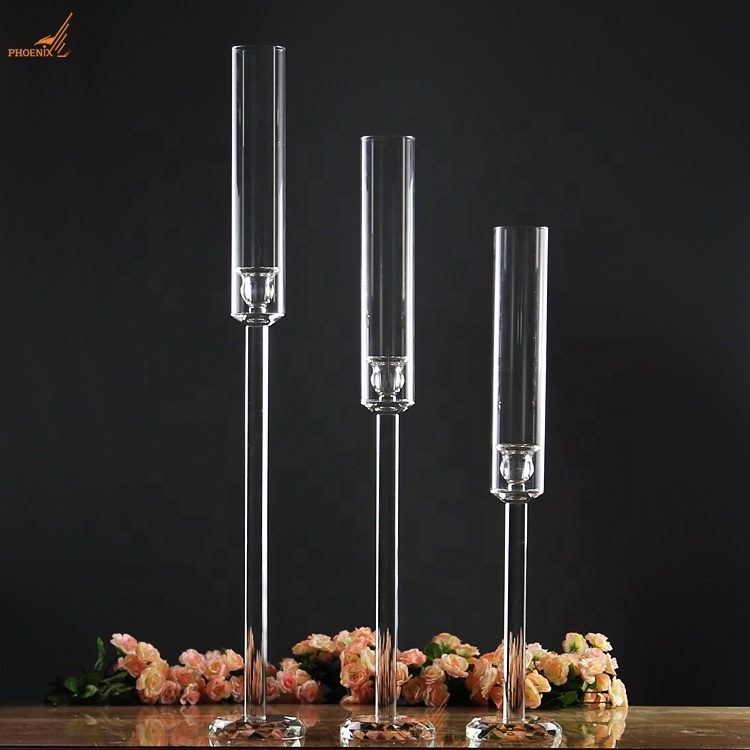 Hot sale clear wedding centerpiece crystal glass tube taper candle holders for decorations