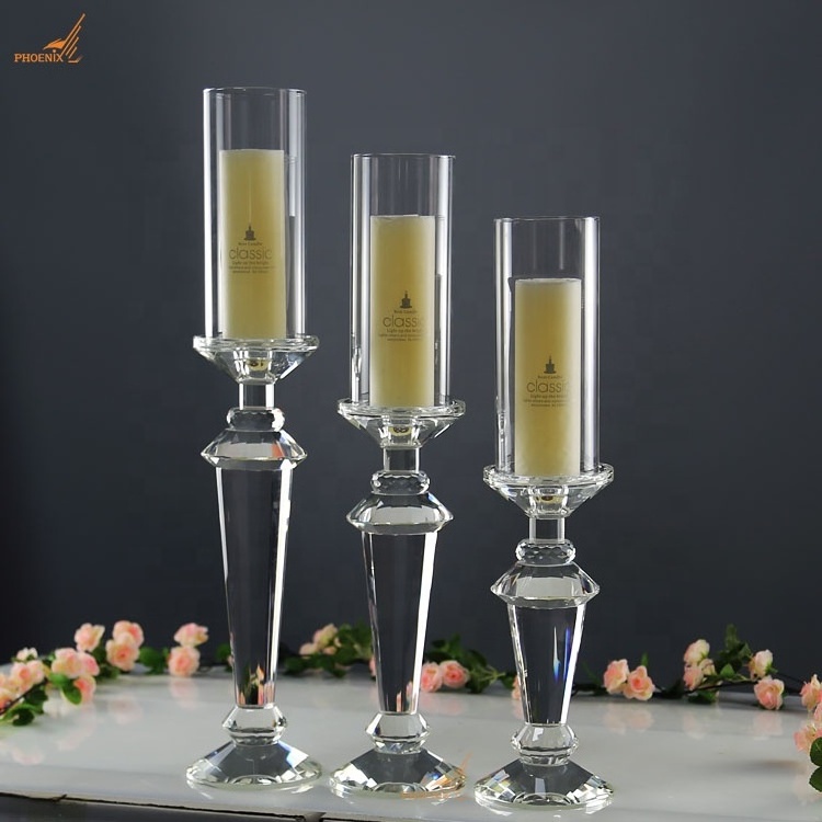 Hot wholesale K9 crystal home goods tea light wedding candlestick table decoration glass candle holder set of 3 with lampshade