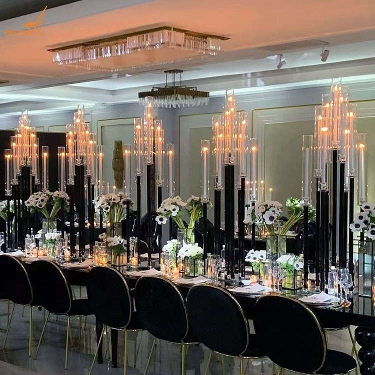 New trend black tall long-stemmed glass table candlestick wedding centerpiece crystal tube candelabra for sale