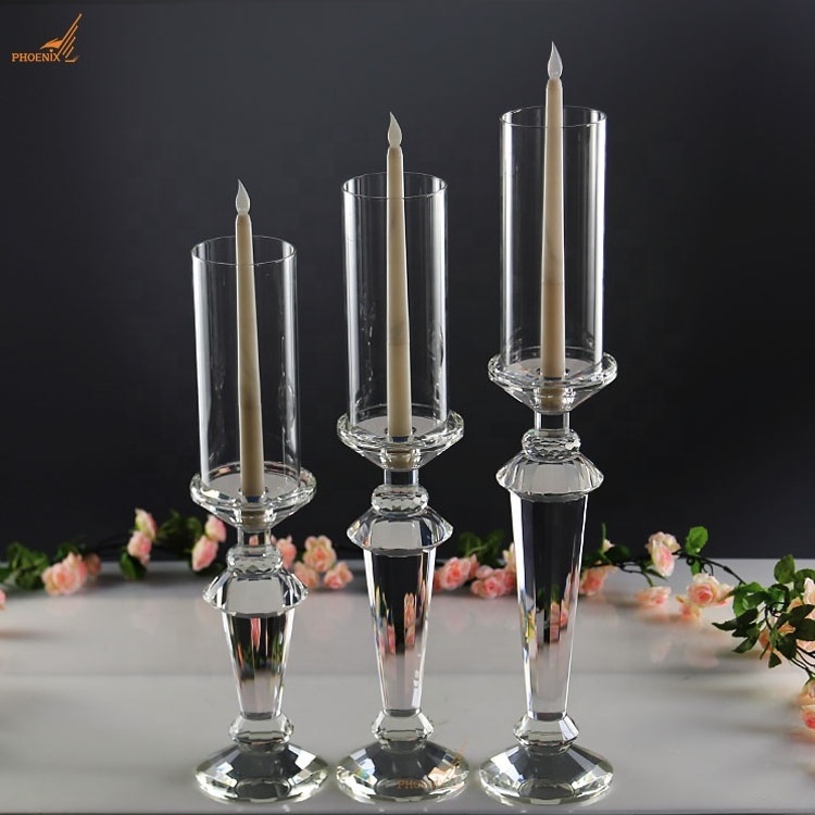 Hot wholesale K9 crystal home goods tea light wedding candlestick table decoration glass candle holder set of 3 with lampshade