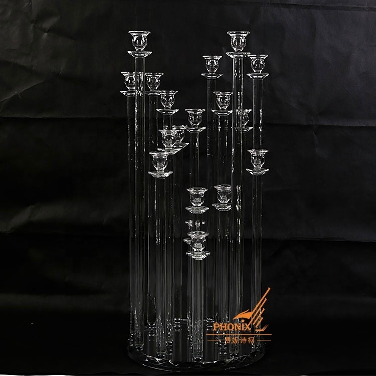 Wholesale round mirror base 18 arms crystal candelabra wedding centerpieces long-stemmed glass candle holder for decoration