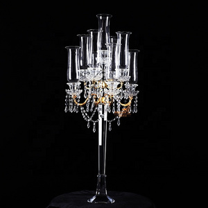 Crystal candelabra wedding centerpieces 9 candles long-stemmed gold metal arms glass candle holders on sale