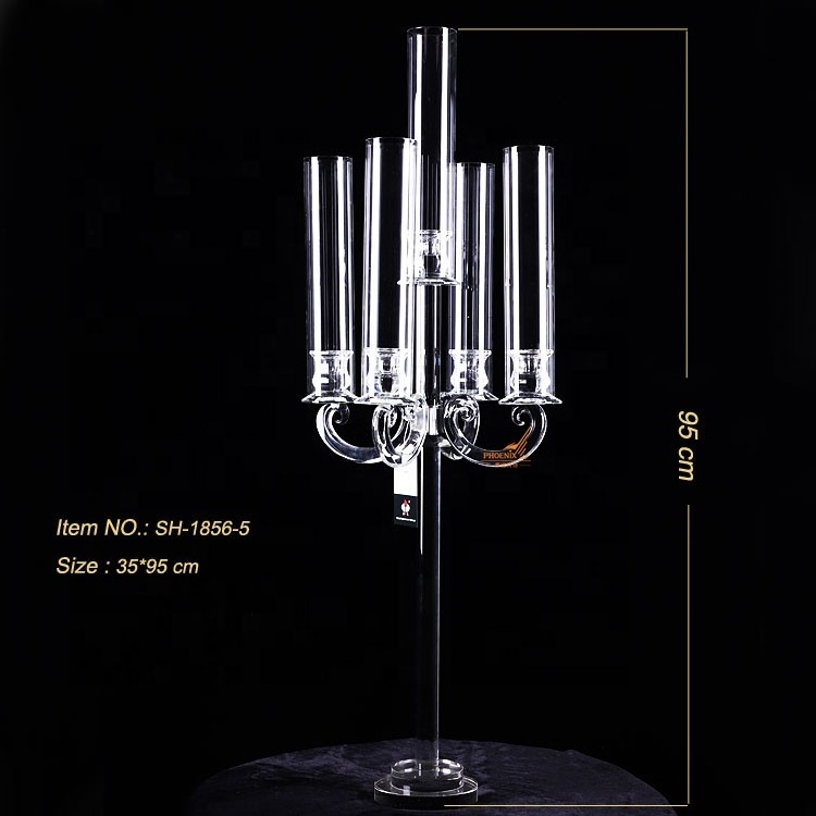 Glass tubes candle holders long steam pillar 5 arms crystal candelabra wedding centerpieces table top decoration