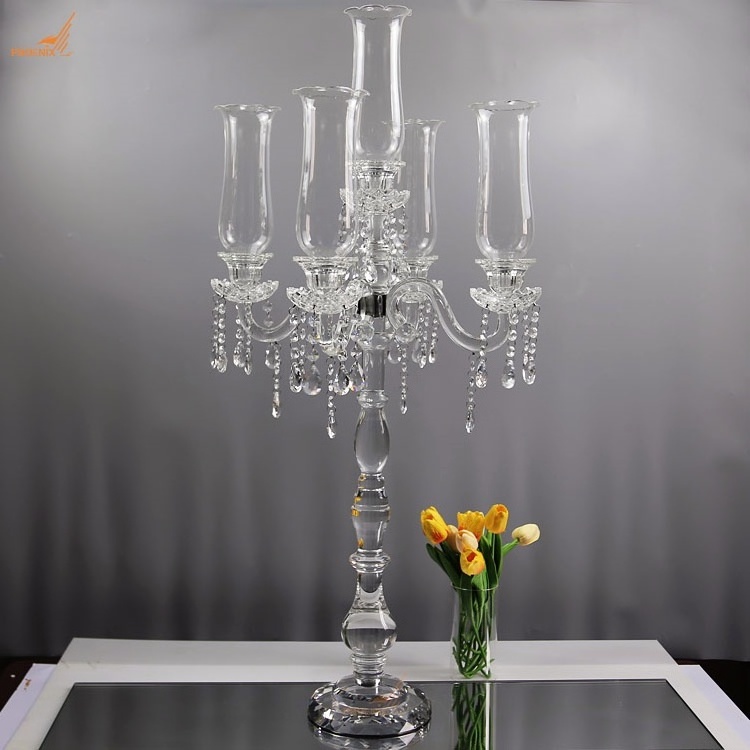 Wholesale 5 arms 100cm tall hurricane lamp crystal glass candle holder wedding candelabra table decorations centerpieces on sale