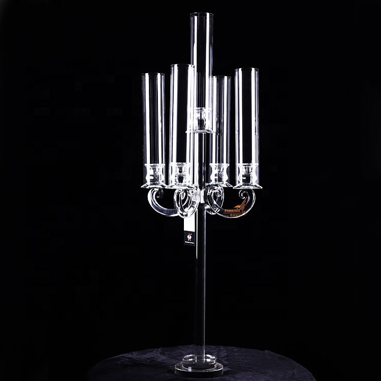 Glass tubes candle holders long steam pillar 5 arms crystal candelabra wedding centerpieces table top decoration