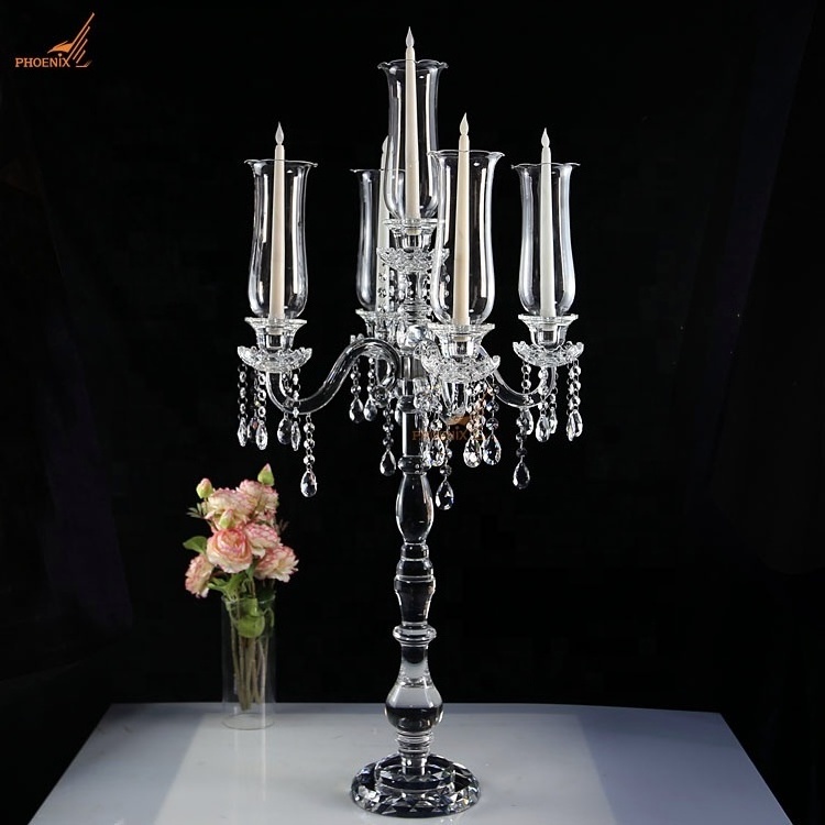 Wholesale 5 arms 100cm tall hurricane lamp crystal glass candle holder wedding candelabra table decorations centerpieces on sale