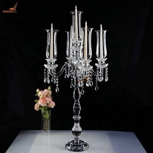 Wholesale 5 arms 100cm tall hurricane lamp crystal glass candle holder wedding candelabra table decorations centerpieces on sale