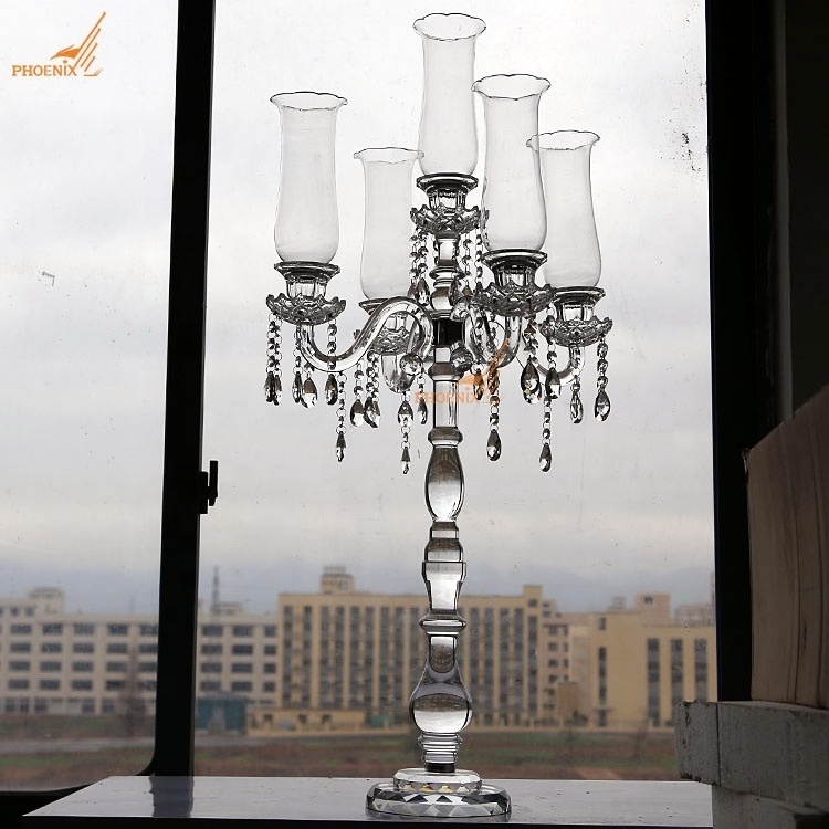 Wholesale 5 arms 100cm tall hurricane lamp crystal glass candle holder wedding candelabra table decorations centerpieces on sale