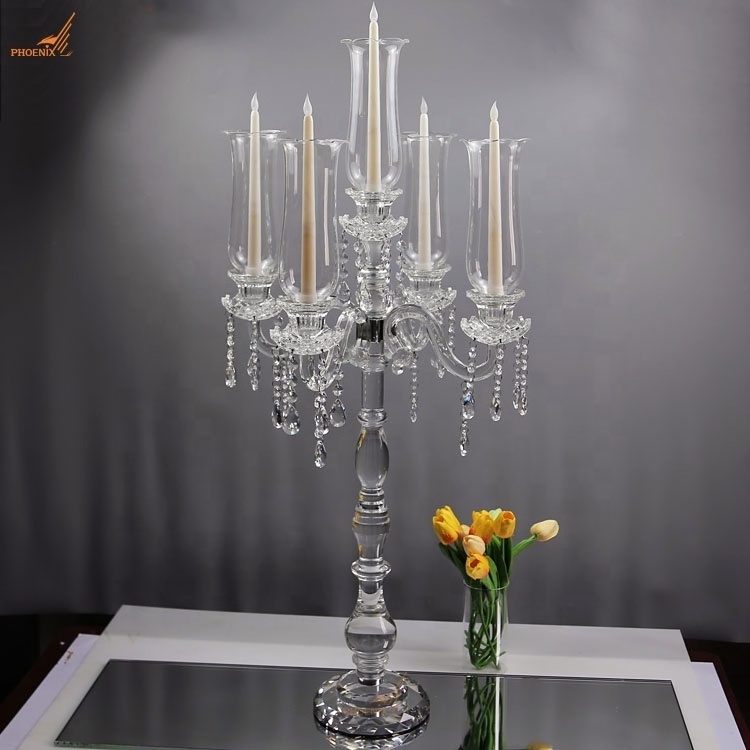 Wholesale 5 arms 100cm tall hurricane lamp crystal glass candle holder wedding candelabra table decorations centerpieces on sale