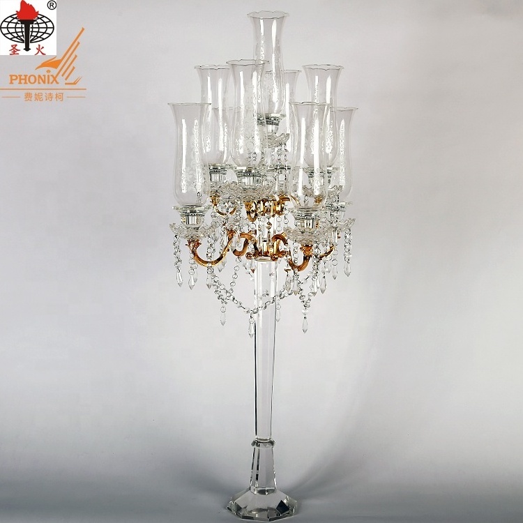 Crystal candelabra wedding centerpieces 9 candles long-stemmed gold metal arms glass candle holders on sale