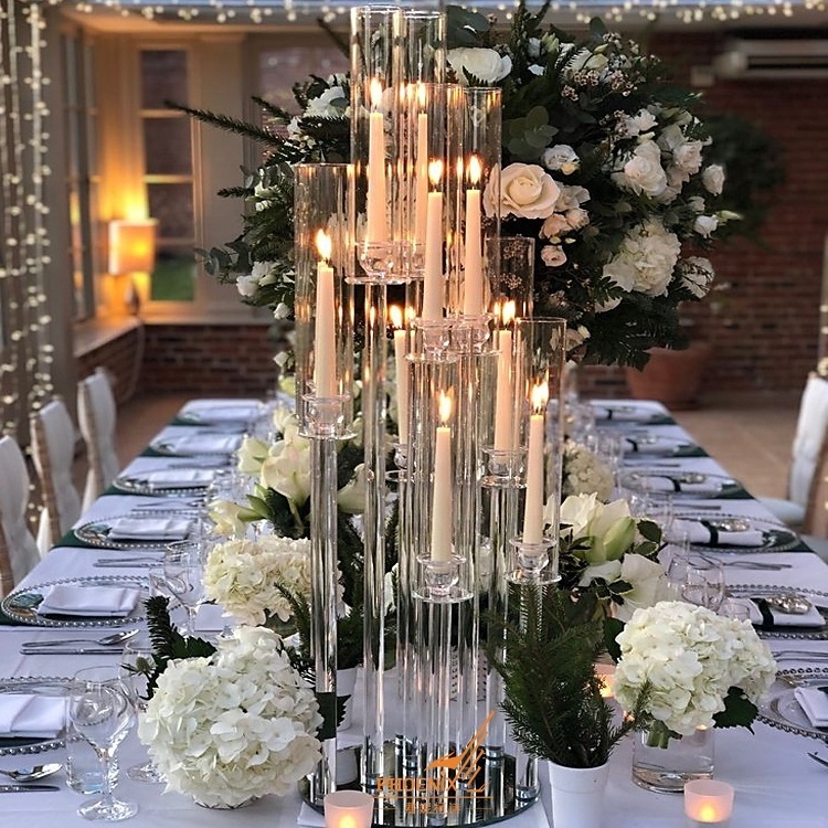 Crystal tube candle holder 10 arms tall cheap wedding tree candelabra glass table decoration centerpieces with lampshade on sale