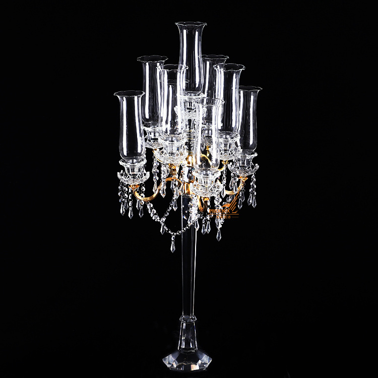 Crystal candelabra wedding centerpieces 9 candles long-stemmed gold metal arms glass candle holders on sale