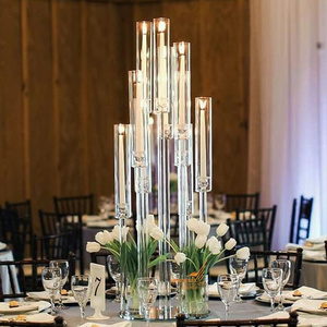 Crystal tube candle holder 10 arms tall cheap wedding tree candelabra glass table decoration centerpieces with lampshade on sale