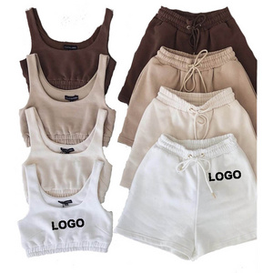 Wholesale Custom Logo Crop Top Two Piece Shorts Pants Set Women Outfits Joggers Shorts Set with Tank Top