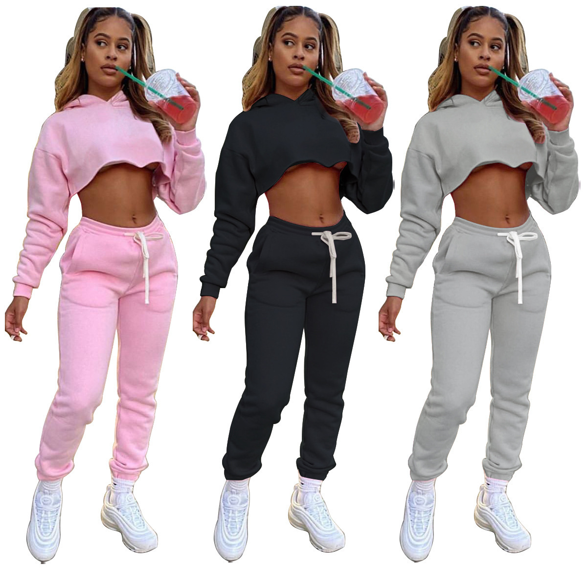 2piece Crop Hoodie Sports Sexy Soild Color Jogging Suit Women Custom Logo Blank Jogging Suit