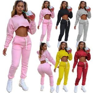 2piece Crop Hoodie Sports Sexy Soild Color Jogging Suit Women Custom Logo Blank Jogging Suit