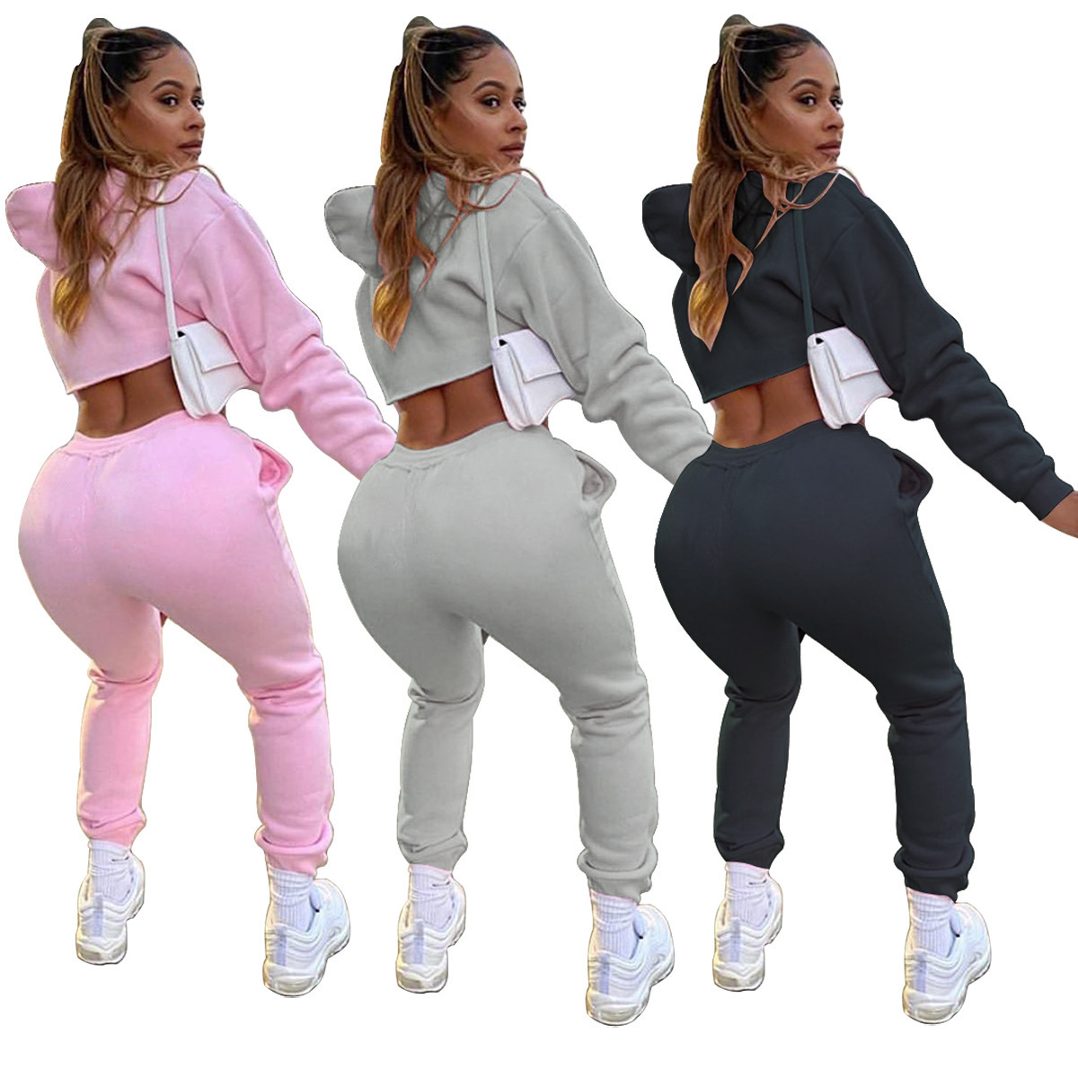 2piece Crop Hoodie Sports Sexy Soild Color Jogging Suit Women Custom Logo Blank Jogging Suit