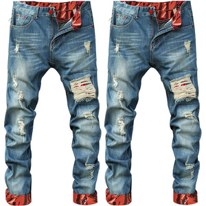 Wholesale Fashion Cat Stacked Scratch Straight Men Mid-waist Elastic Trouser Shinny Jeans