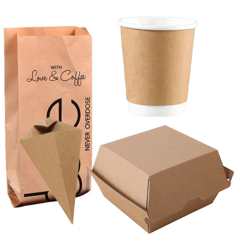 Custom Disposable Hot Coffee Paper Cups Folding  Kraft Burger Box And Paper Bag For Fast Food Take Away One Stop Solution