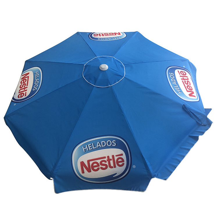 wholesale custom uv protection big portable parasol outdoor beach patio umbrella promotional with logo prints