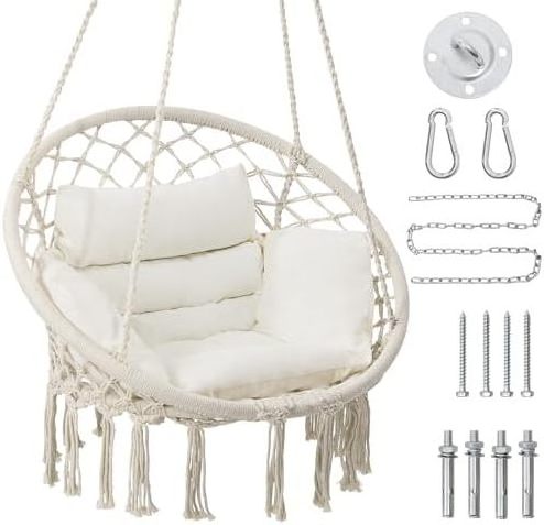 HMK Perfect for Bedroom Porch Adults Balcony Beige Macrame Hammock Hanging Swinging Rope Chair with Medium Cushion