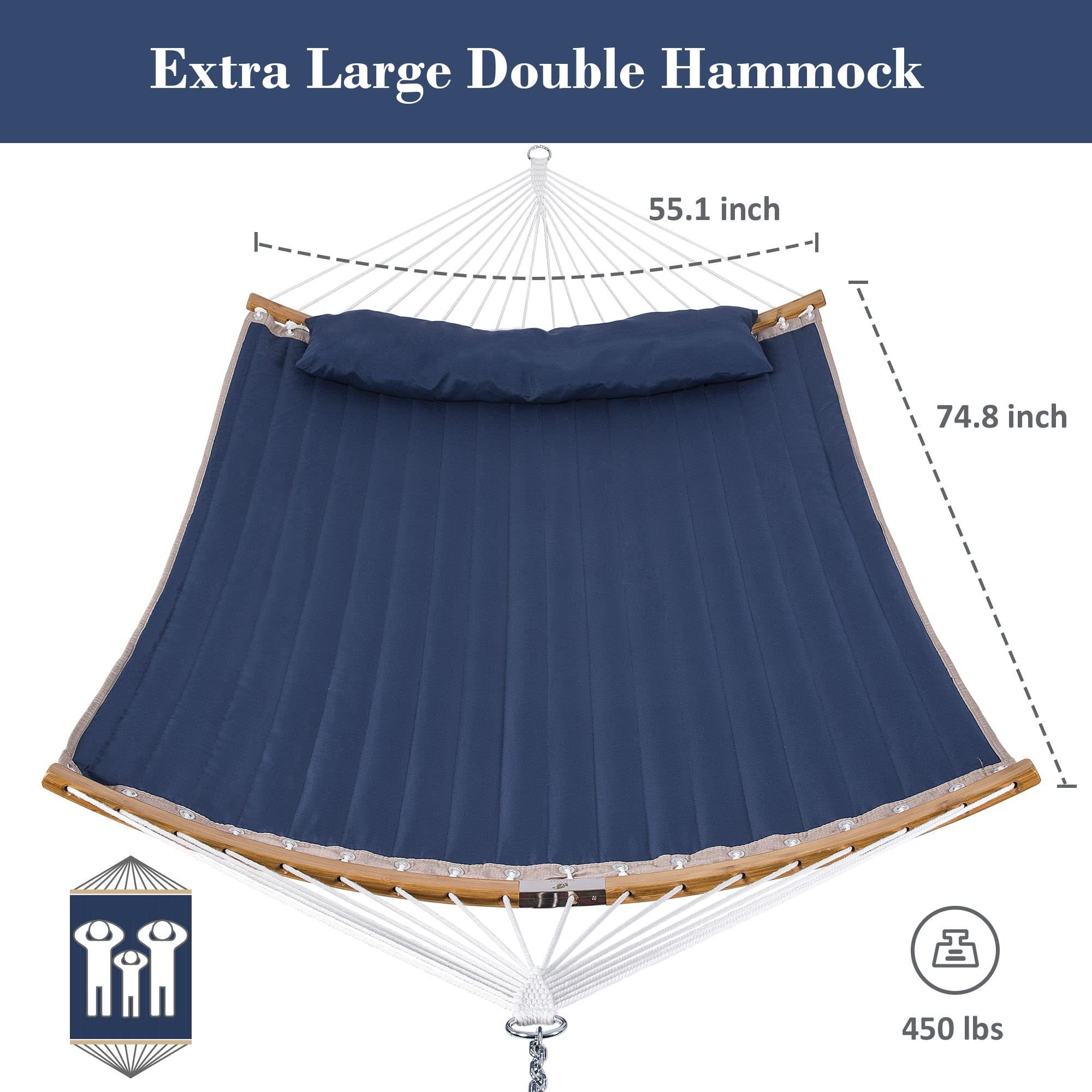 HMK 2 Person Hammock Duty with Wood-Spreader-Bar Double Hammocks with Large Pillow for Outdoor not include hammock stand