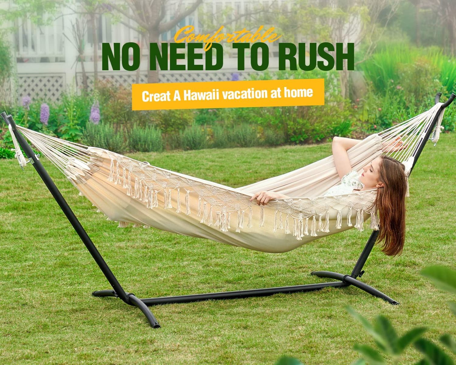 HMK High Quality Macrame Brazilian Hammock Canvas Hammock with Tassels Portable Carry Bag Hammock