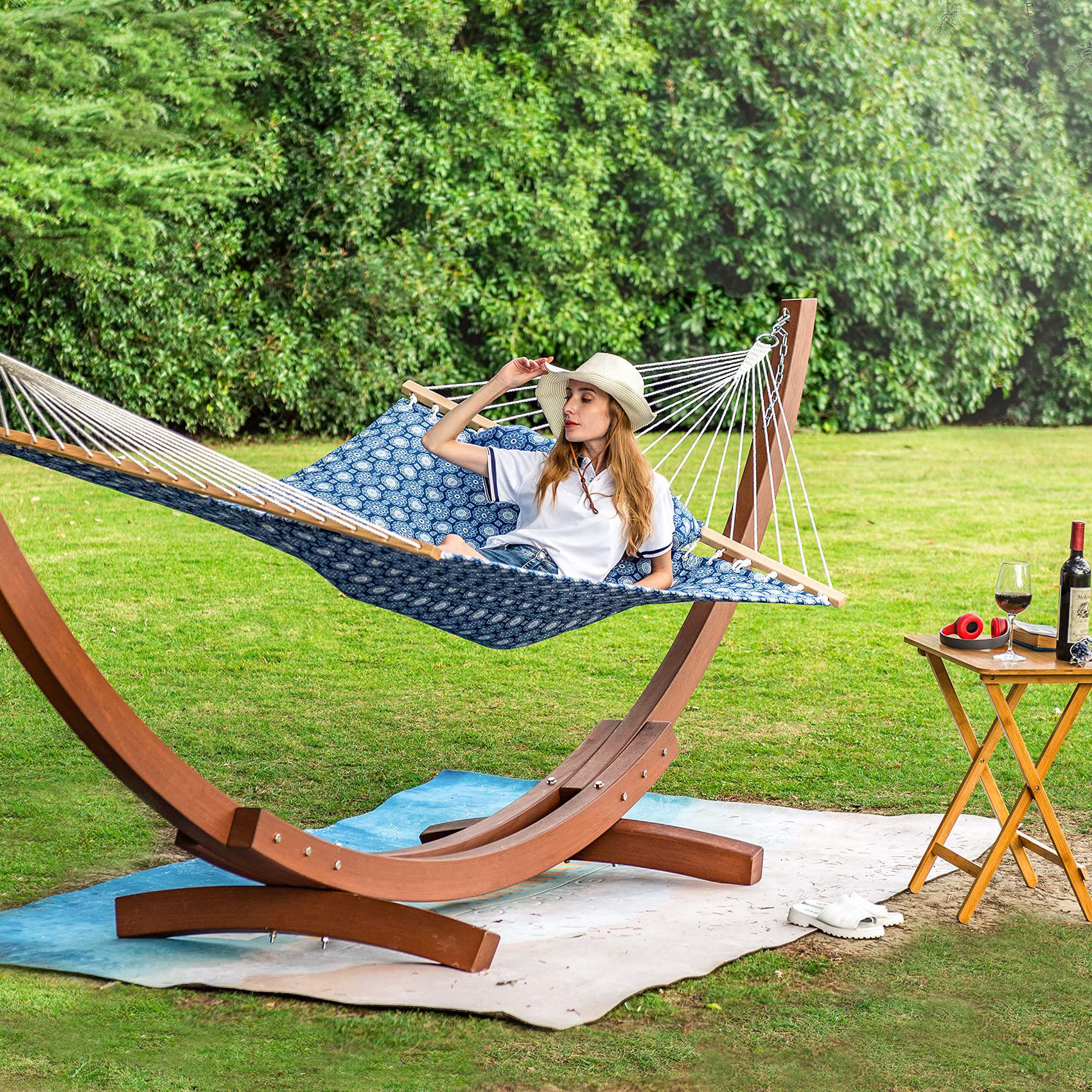 HMK Popular High Quality Print Flowers Spreader Hammovk For Camping Outdoor Indoor Garden Wood Bar Quilted Hammock