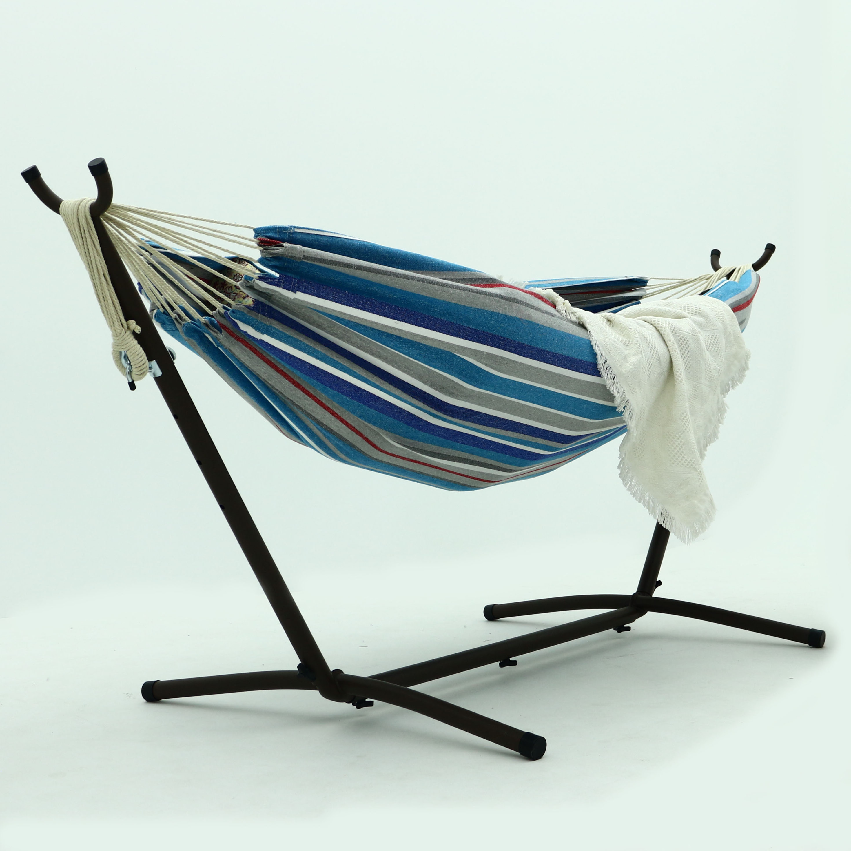 HMK Brazilian Hammock Backyard Outdoor and Indoor Use Canvas Hammock Portable Blue Stripes Hammock with Stand