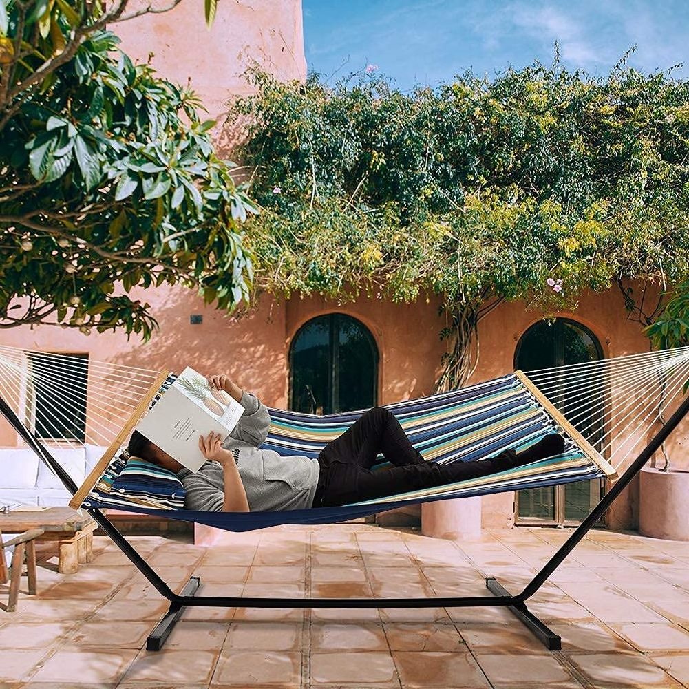 HMK New Style Low Price Good Quality 12FT Stand With Spreader Bar Hammocks Quilted Stripes Print Fabric Hammock