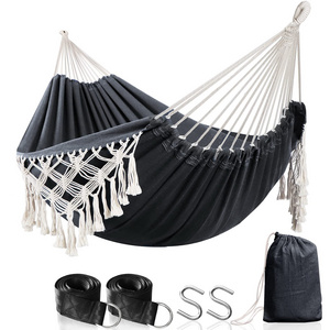 HMK Double Sized Boho Macrame Black Hammock with Tassels and Fishtail Knitting  Includes Rope and  Drawstring Bag cotton hammock